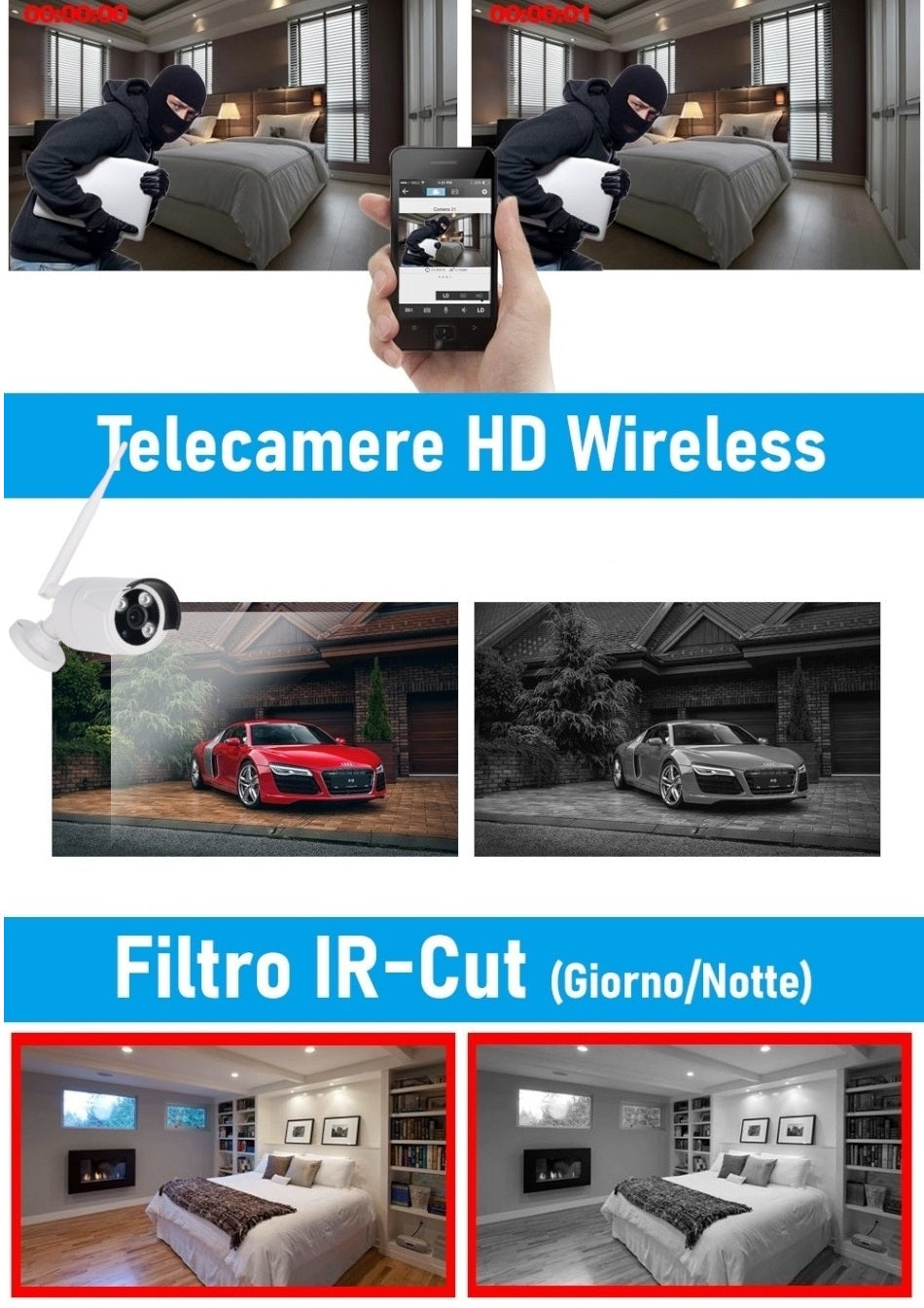 Kit videosorveglianza Wi-Fi 8 canali con NVR e 8 telecamere bullet 2MP IP66