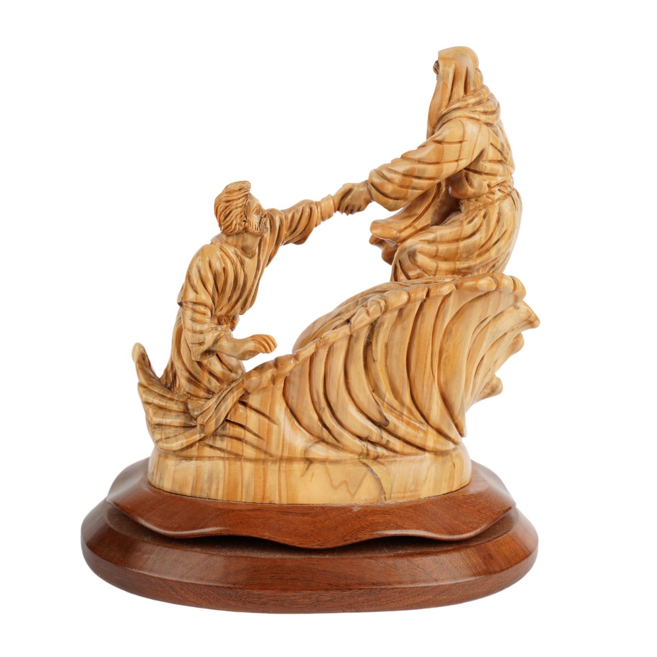 Hand-carved scene "Jesus saving Peter" – Exclusive olive wood sculpture from Bethlehem (23 cm)