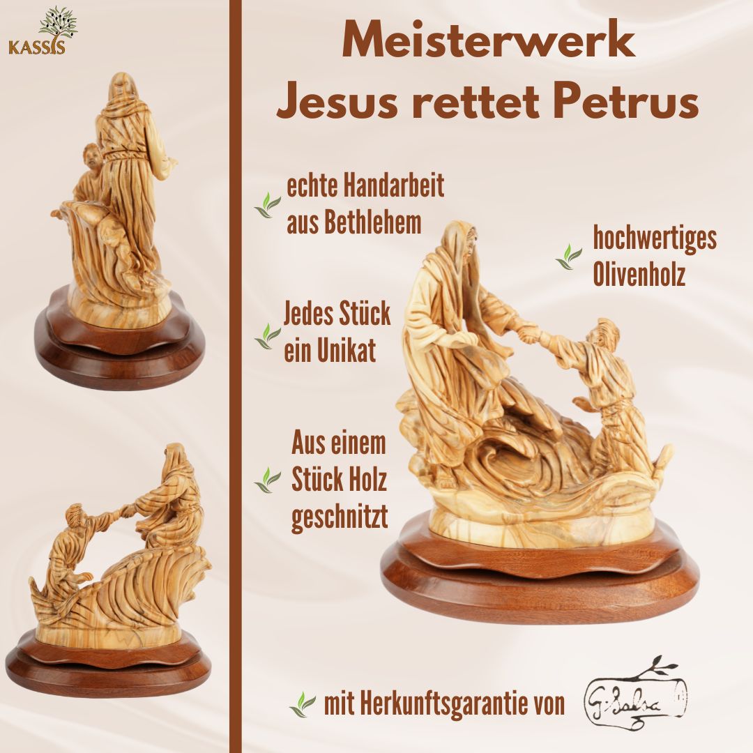 Hand-carved scene "Jesus saving Peter" – Exclusive olive wood sculpture from Bethlehem (23 cm)