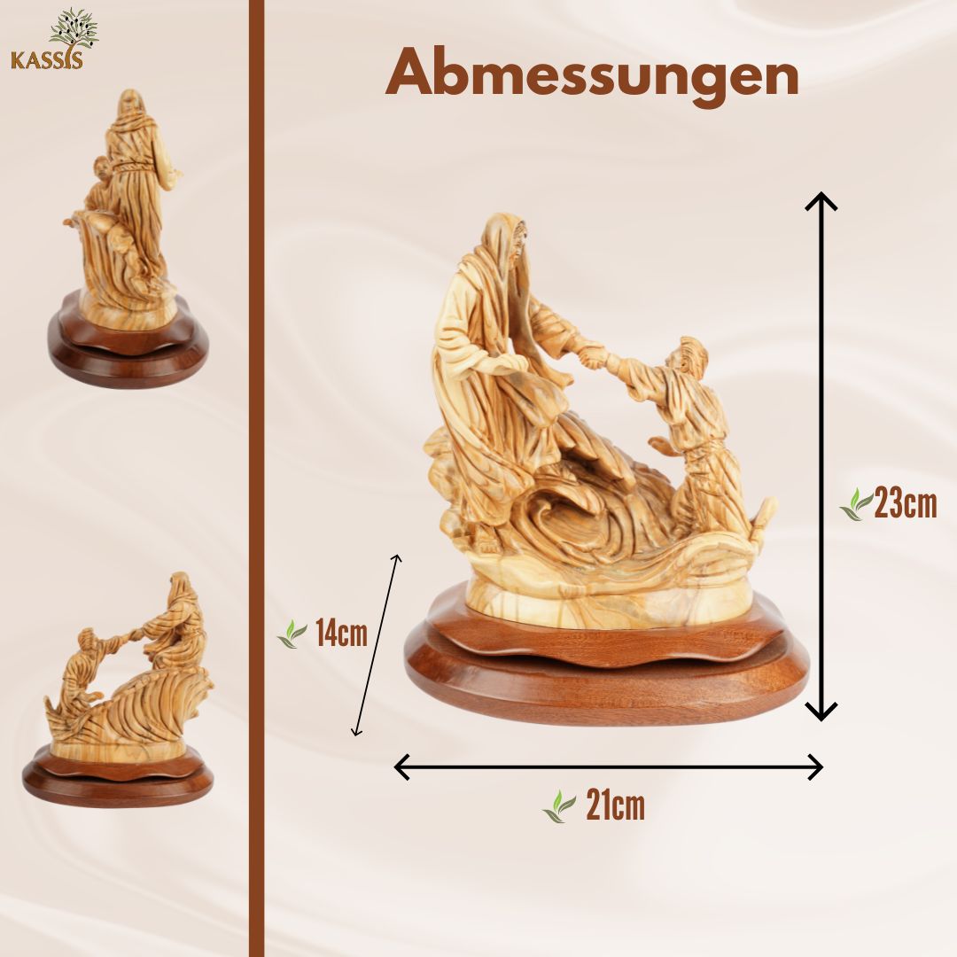 Hand-carved scene "Jesus saving Peter" – Exclusive olive wood sculpture from Bethlehem (23 cm)