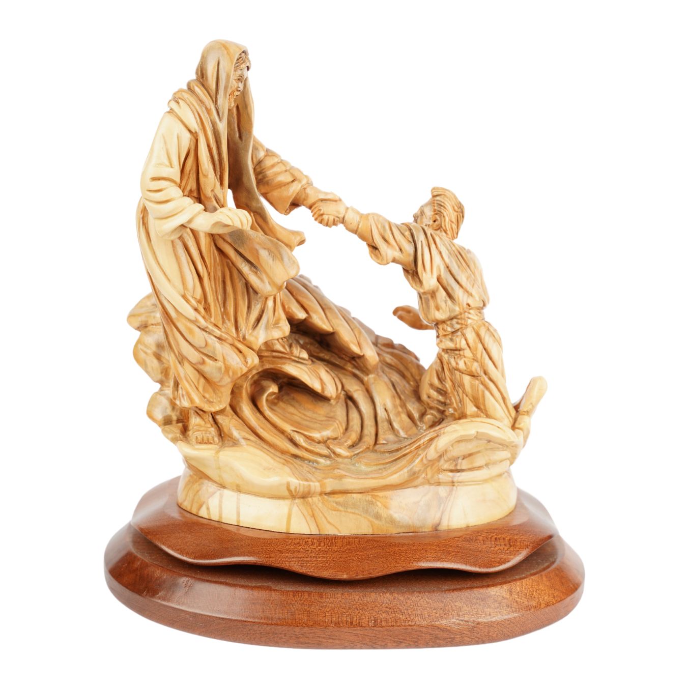 Hand-carved scene "Jesus saving Peter" – Exclusive olive wood sculpture from Bethlehem (23 cm)