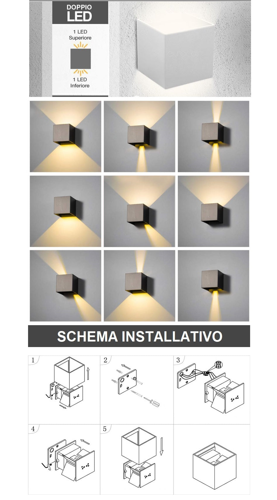Applique LED COB 12W da esterno IP65 bianca - doppia emissione fascio regolabile