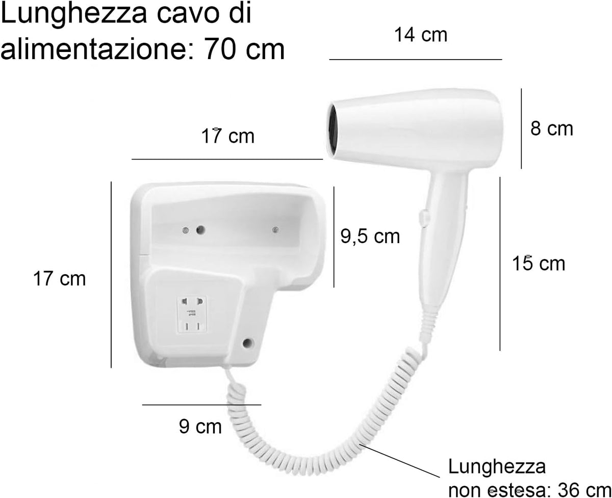Asciugacapelli da parete 1200W con doppio comando Phon hotel B&B 2 velocita - immagine 6