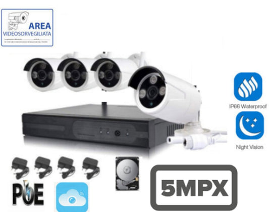 Kit videosorveglianza IP PoE con NVR 8 canali e 4 telecamere 5MP