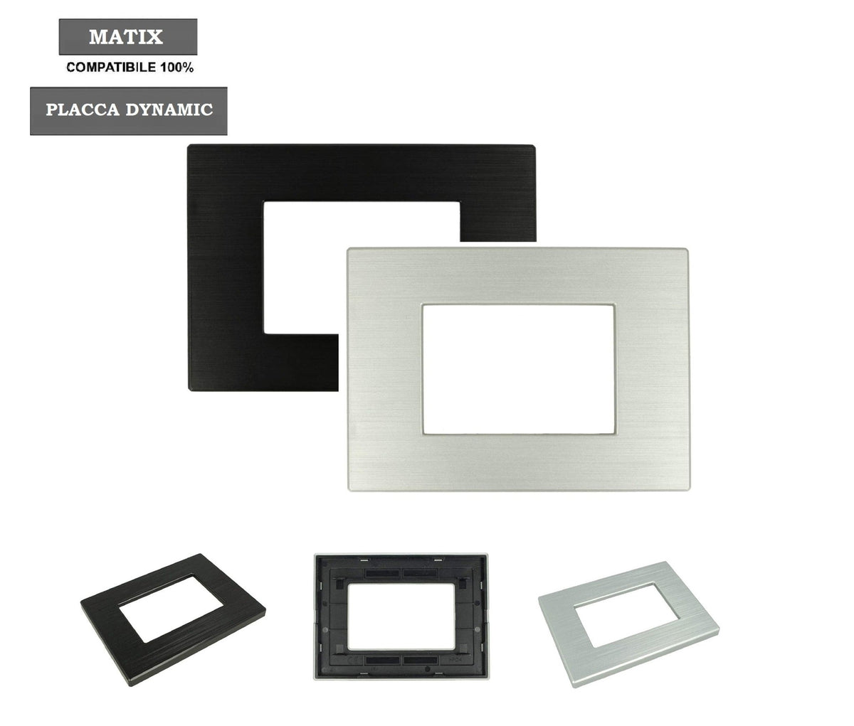 Placca Dynamic in tecnopolimero effetto metallo satinato compatibile con BTicino Matix - 3 Posti - Argento Satinato