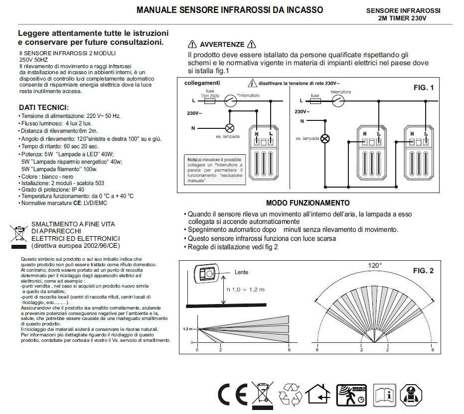 Sensore di movimento PIR con timer compatibile con Vimar Plana Bianco - modulo da incasso per supporto e placca compatibile